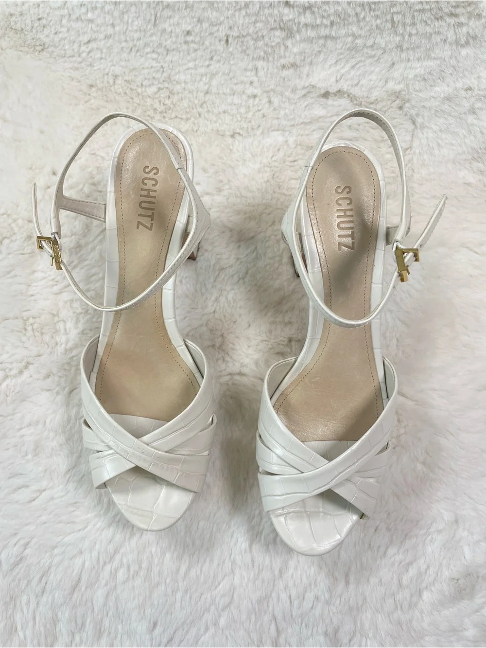SCHUTZ White/ivory Croc-Effect Platform Heels with Ankle Strap, very Comfortable
